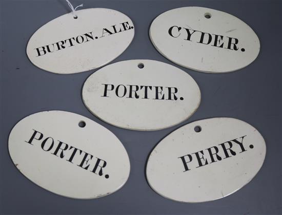 Five 19th century oval bin labels